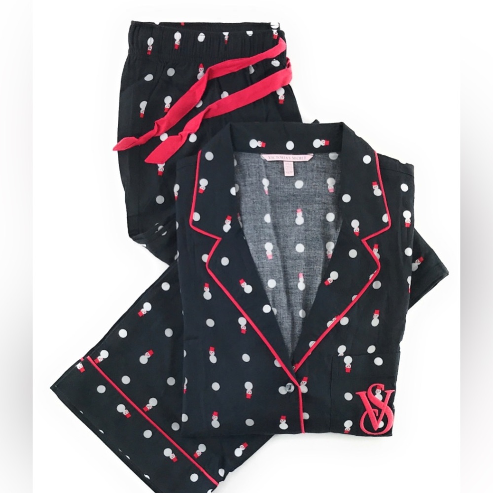 Victoria's Secret Black Polka Dot Snowman Button Down Pajama Set | Size Small - Picture 2 of 9